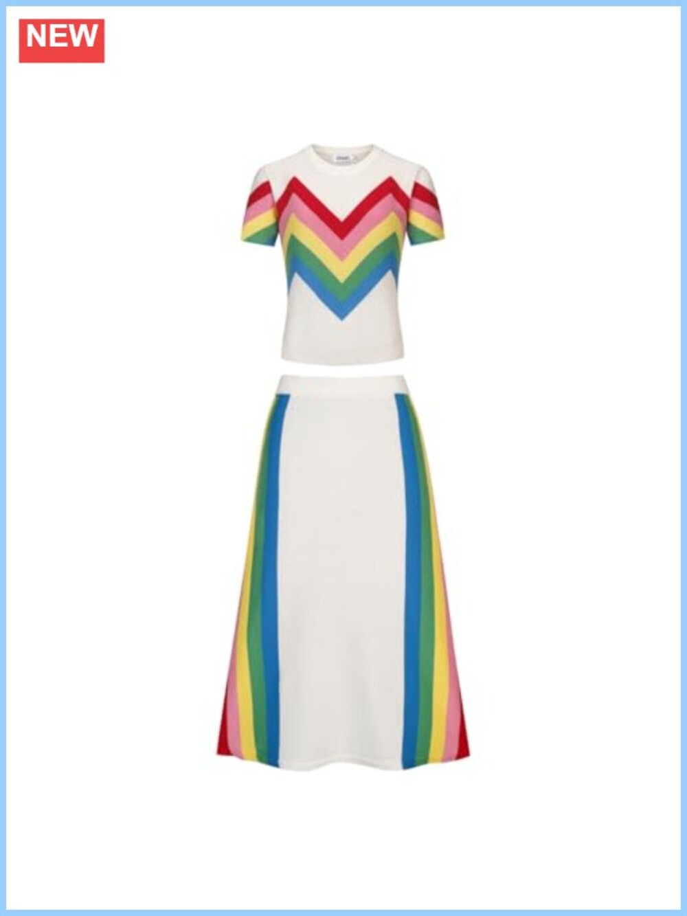 100% Cotton Knitted 2-Piece Skirt Set Retro 1960s Mod Striped Tee A-Line Skirt